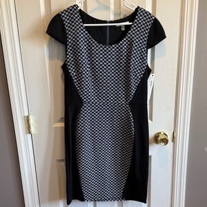 DKNYC Navy and White Patterned Midi Dress with black side accent